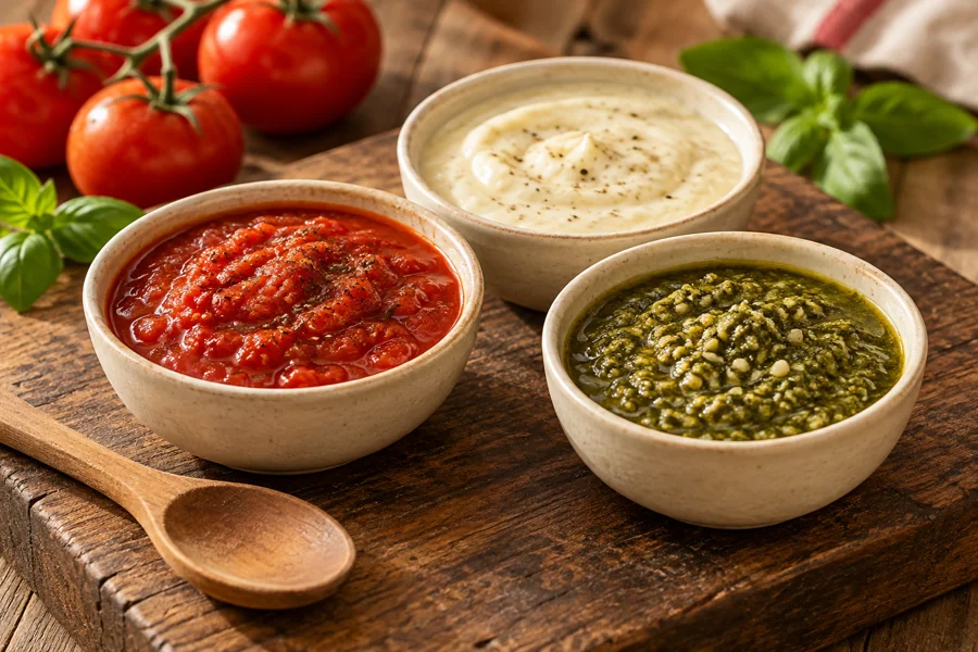 Salsas artesanales: pomarola, salsa blanca y pesto